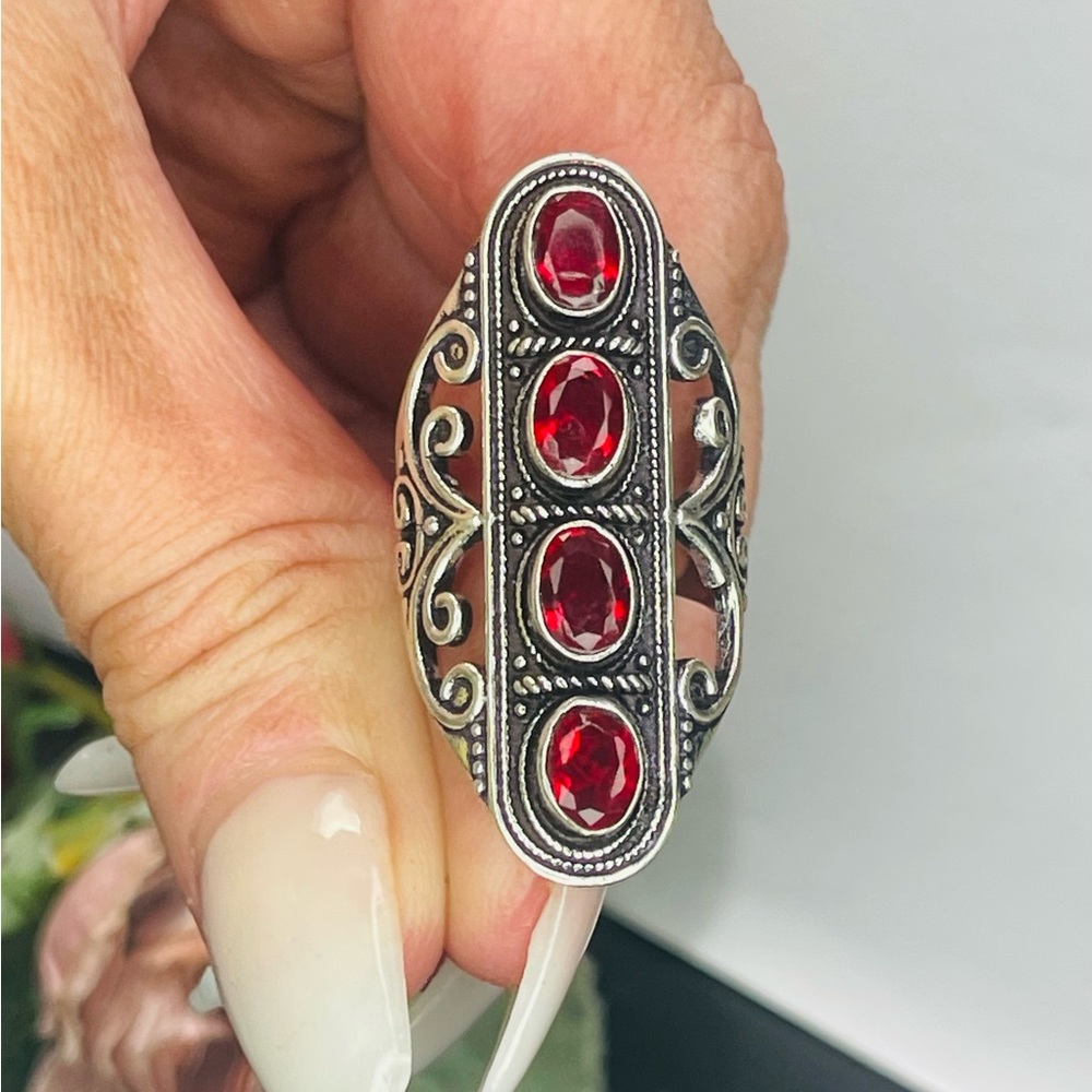 Solid 925 Silver Ruby Red Stone Cocktail Ring Siz… - image 1